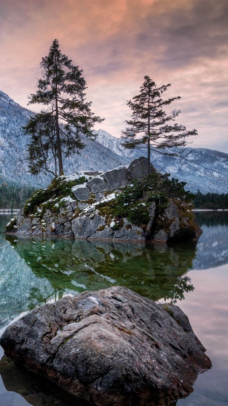 Bayern, Hintersee, Lake, Mountains, Alps, Trees, Stones, Dusk, Germany 750x1334 IPhone 8 7 6 6S Wallpaper, Background, Picture, Image