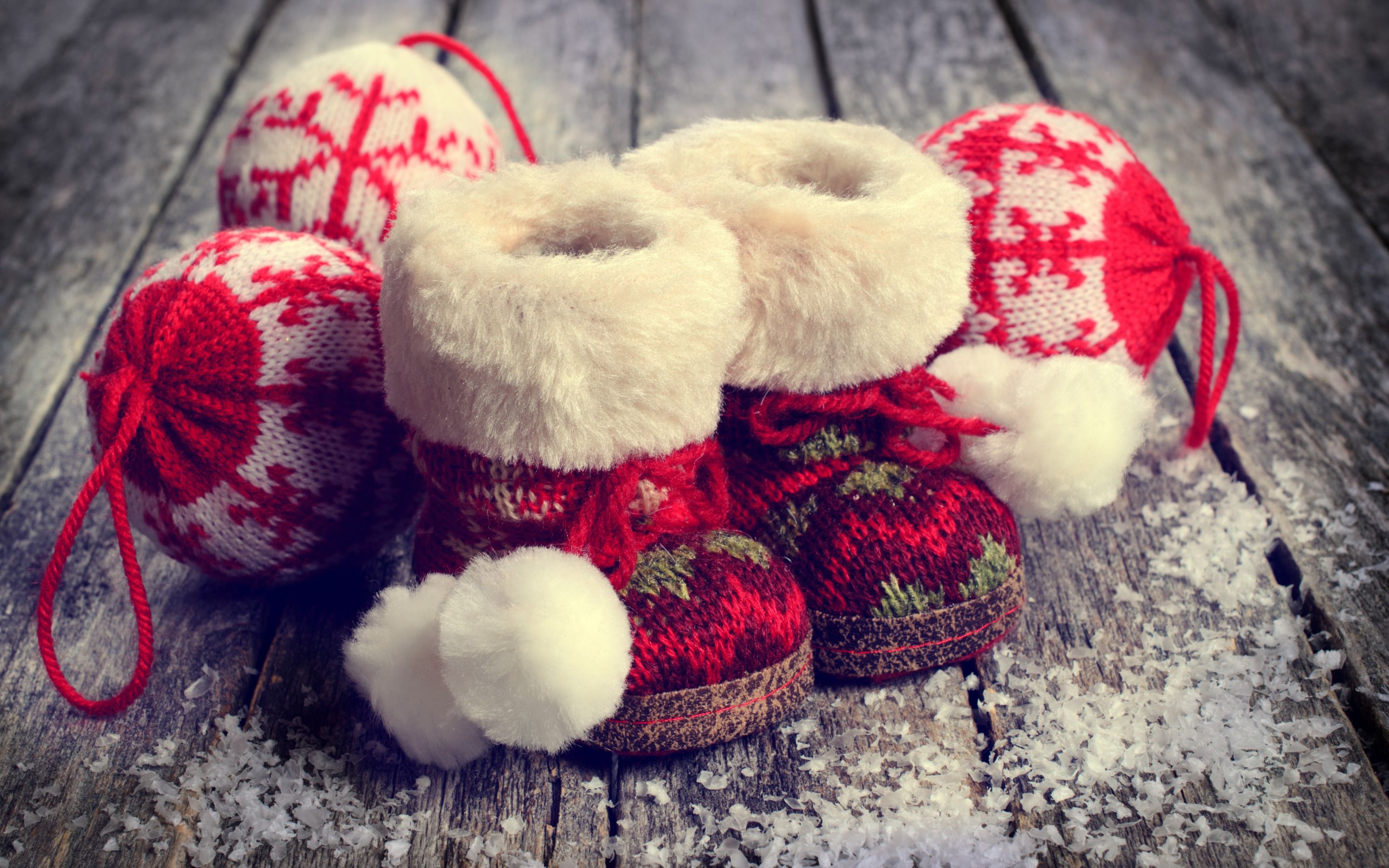 Download wallpaper red winter baby shoes, Christmas, Happy New Year, Christmas decoration, knitted boots for desktop with resolution 2880x1800. High Quality HD picture wallpaper
