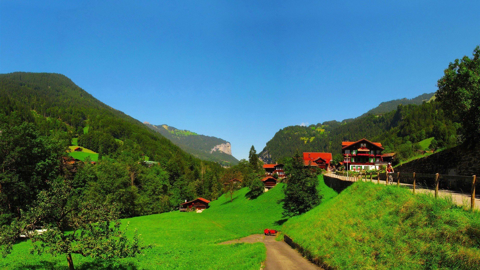 Mountains landscapes nature trees houses Switzerland Bern countryside Lauterbrunnen wallpaperx1080