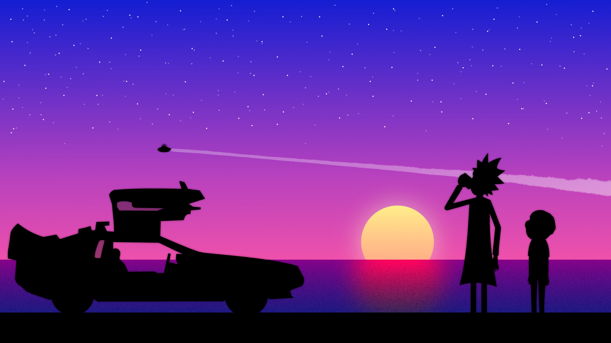 Caricature Rick And Morty Car DeLorean Time Machine Sunset Silhouette Wallpaper:2560x1440