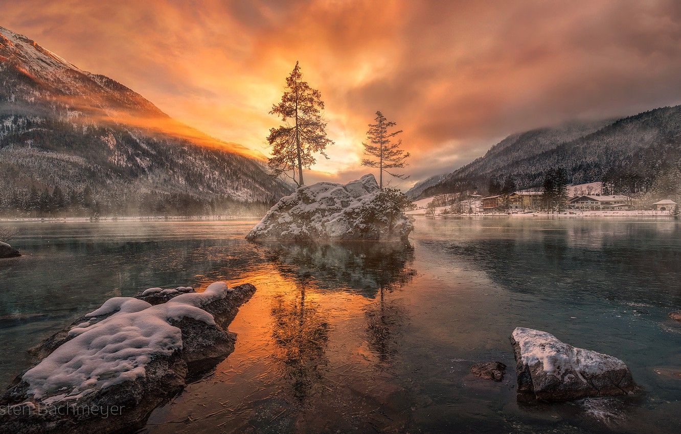 Wallpaper winter, trees, sunset, mountains, Bayern, Germany, Bavaria, Berchtesgaden National Park, Hintersee Lake, lake hinter for unscaled OSD image for desktop, section пейзажи