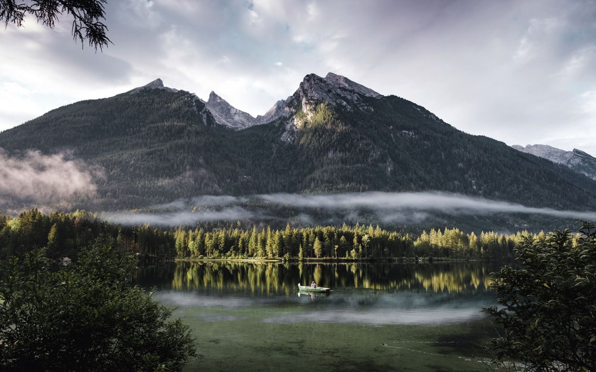 Download wallpaper Hintersee, mountain lake, morning, fog, forest, mountain landscape, Bavaria, Germany for desktop with resolution 1920x1200. High Quality HD picture wallpaper