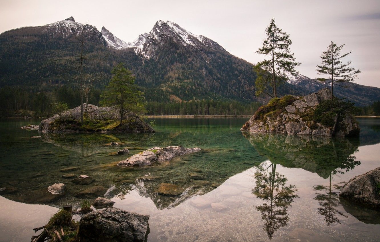 Wallpaper trees, mountains, lake, Germany, Islands, Ramsau, Hintersee, Upper Bavaria image for desktop, section пейзажи
