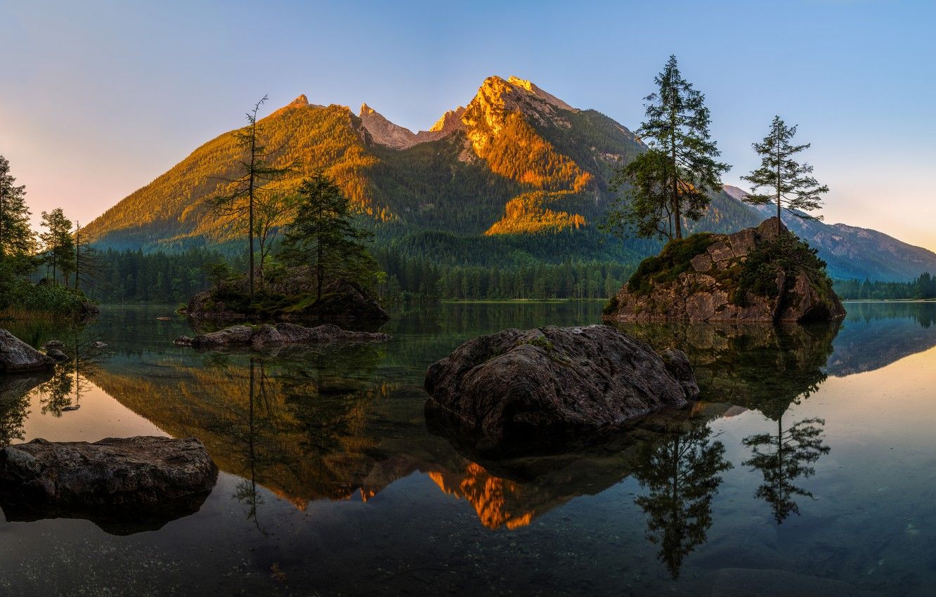 Wallpaper forest, trees, mountains, lake, stones, rocks, Germany, Bayern, Islands, Berchtesgaden Alps, Lake Hintersee and Hochkalter image for desktop, section природа