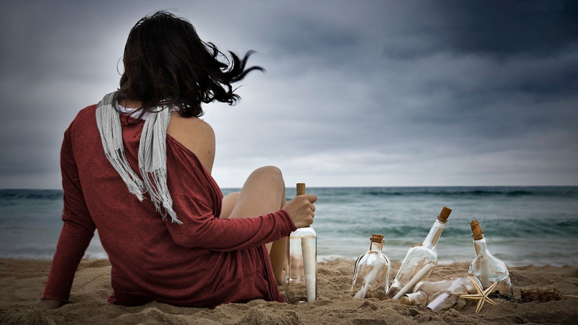 Mood emotion alone sad sorrow wait hope message bottle cork communication landscapes nature beaches sand ocean sea waves scenic view sky clouds storm legs brunette sensual babes wind weather women female