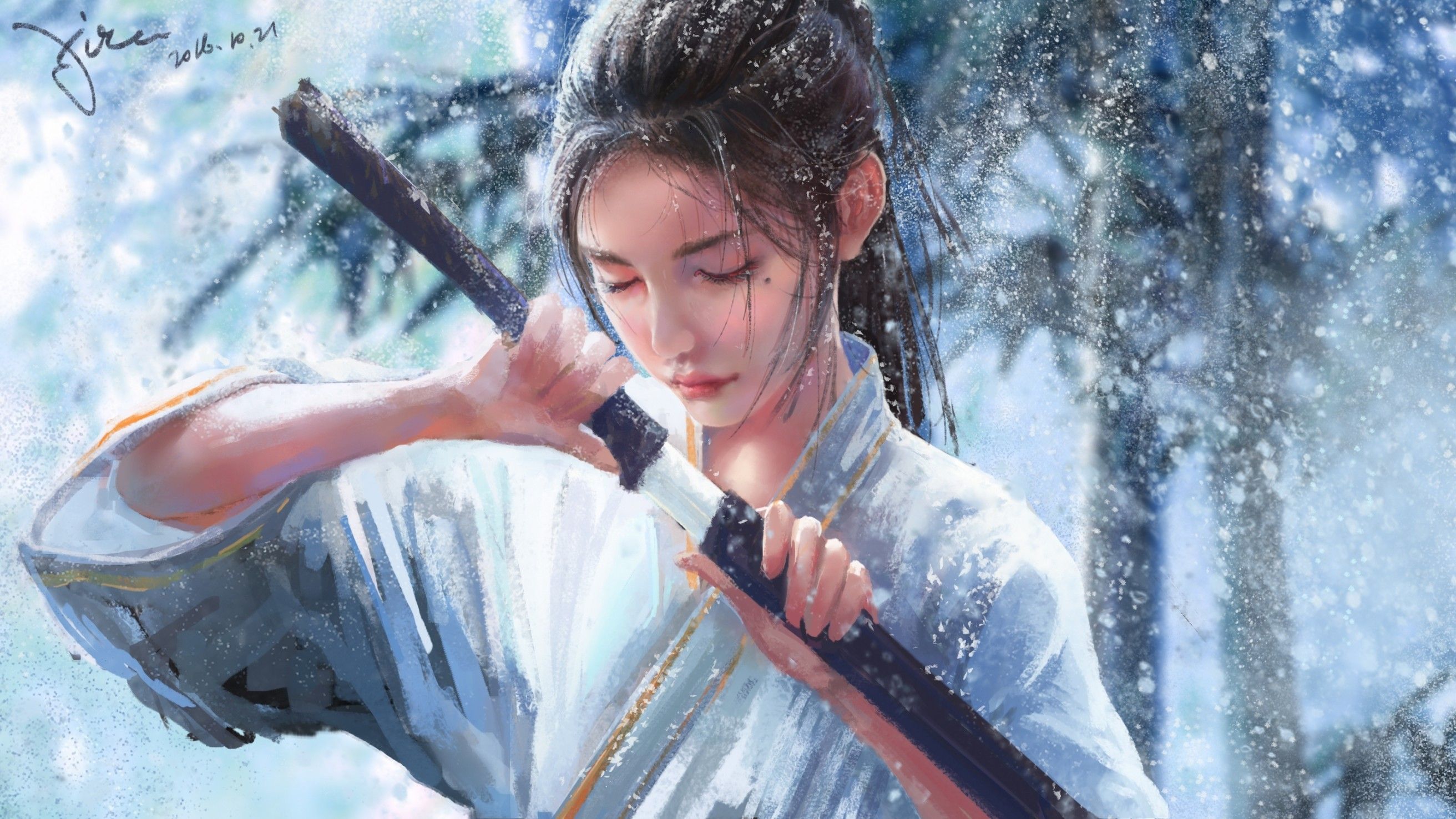 Download 2624x1476 Japanese Women, Fantasy Girl, Katana, Kimono, Ponytail, Snow, Winter, Closed Eyes, Realistic Wallpaper