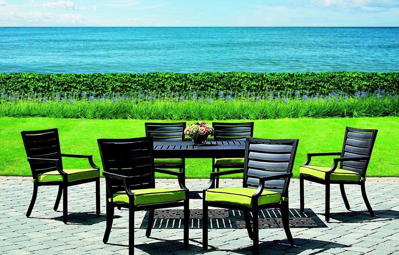 Wallpaper greens, grass, water, nature, design, table, lawn, chairs, interior, sea. the ocean image for desktop, section интерьер