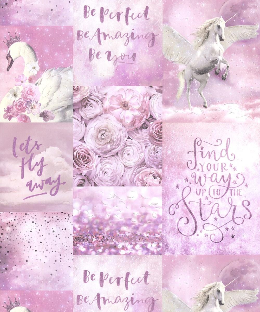 Arthouse Pandora's Dream Glitter Wallpaper Pink Unicorn Swan Floral Typography 5050192692700