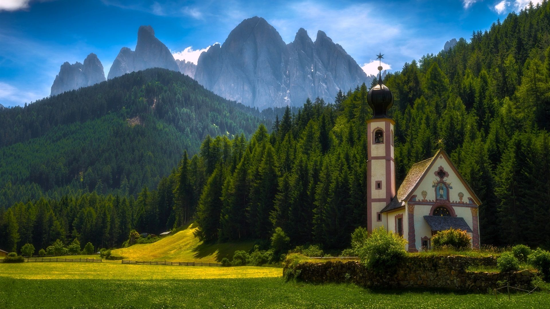 Wallpaper Santa Maddalena, Italy, Dolomites, mountains, trees, church 1920x1200 HD Picture, Image
