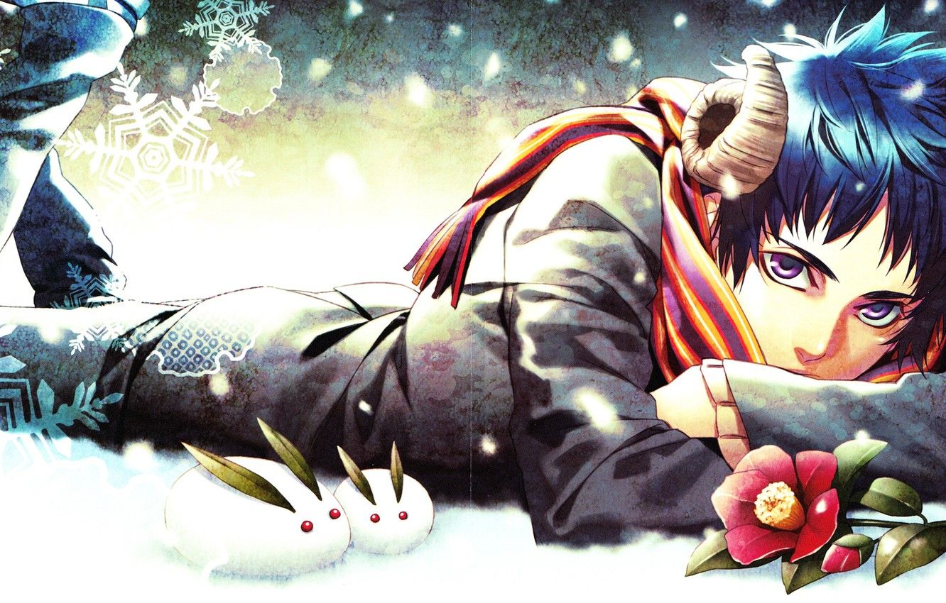 Wallpaper winter, flower, snow, snowflakes, anime, scarf, art, horns, guy, bunnies, Kazuki, Ana! image for desktop, section прочее