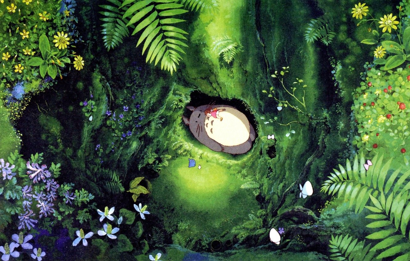 Wallpaper forest, leaves, flowers, Nora, girl, lies, Hayao Miyazaki, Hayao Miyazaki, Tonari no Totoro, my neighbor Totoro image for desktop, section арт