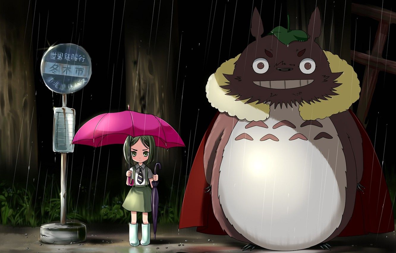 Wallpaper night, umbrella, rain, pink, umbrella, girl, my neighbor Totoro, my neighbor totoro, stop, tonari no totoro image for desktop, section кодомо