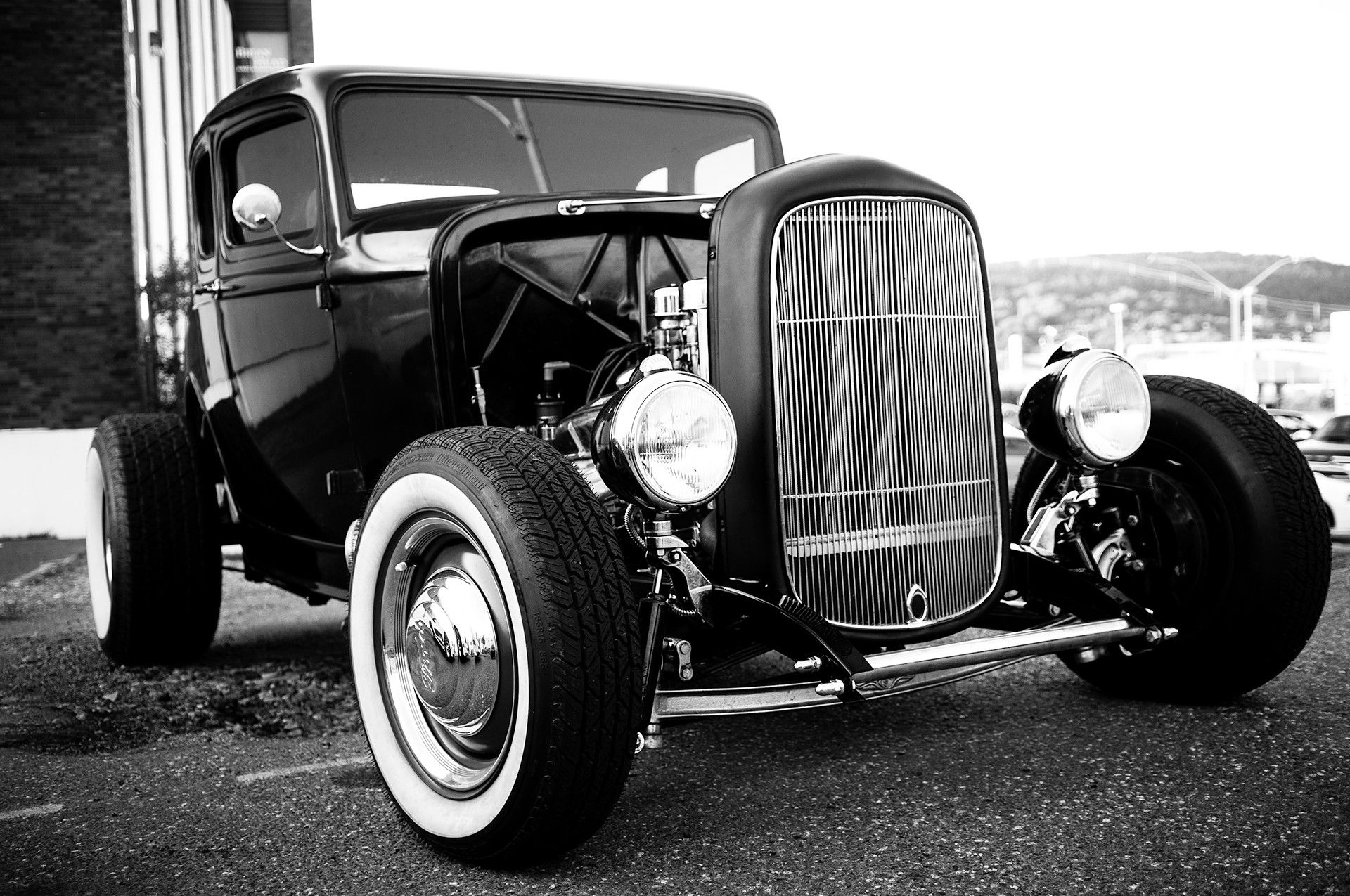 black and white, Hot Rod, Ford, roadster, engine, classic car wallpaper