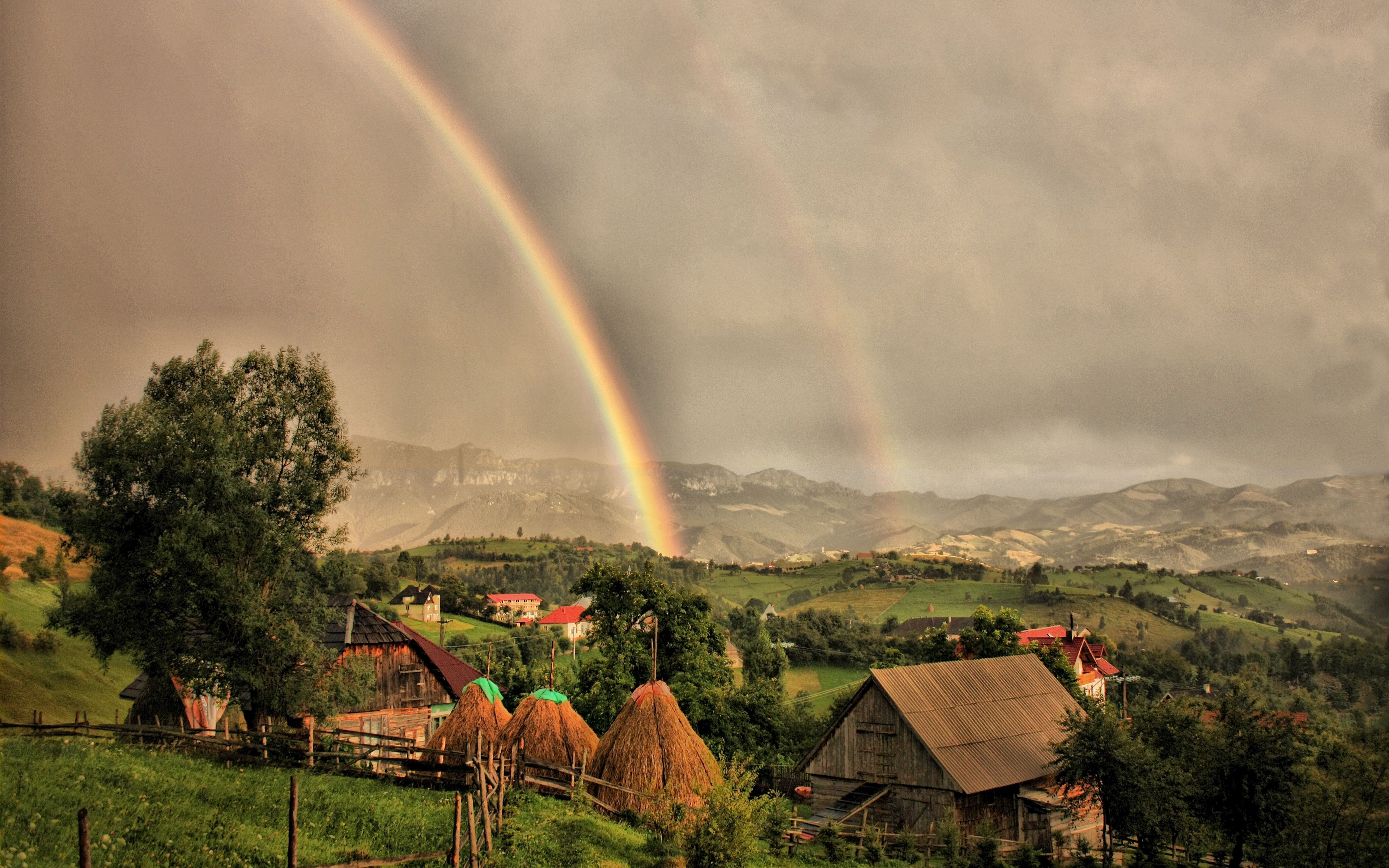 Download wallpaper 3840x2400 houses, clouds, rainbow, landscape 4k ultra HD 16:10 HD background