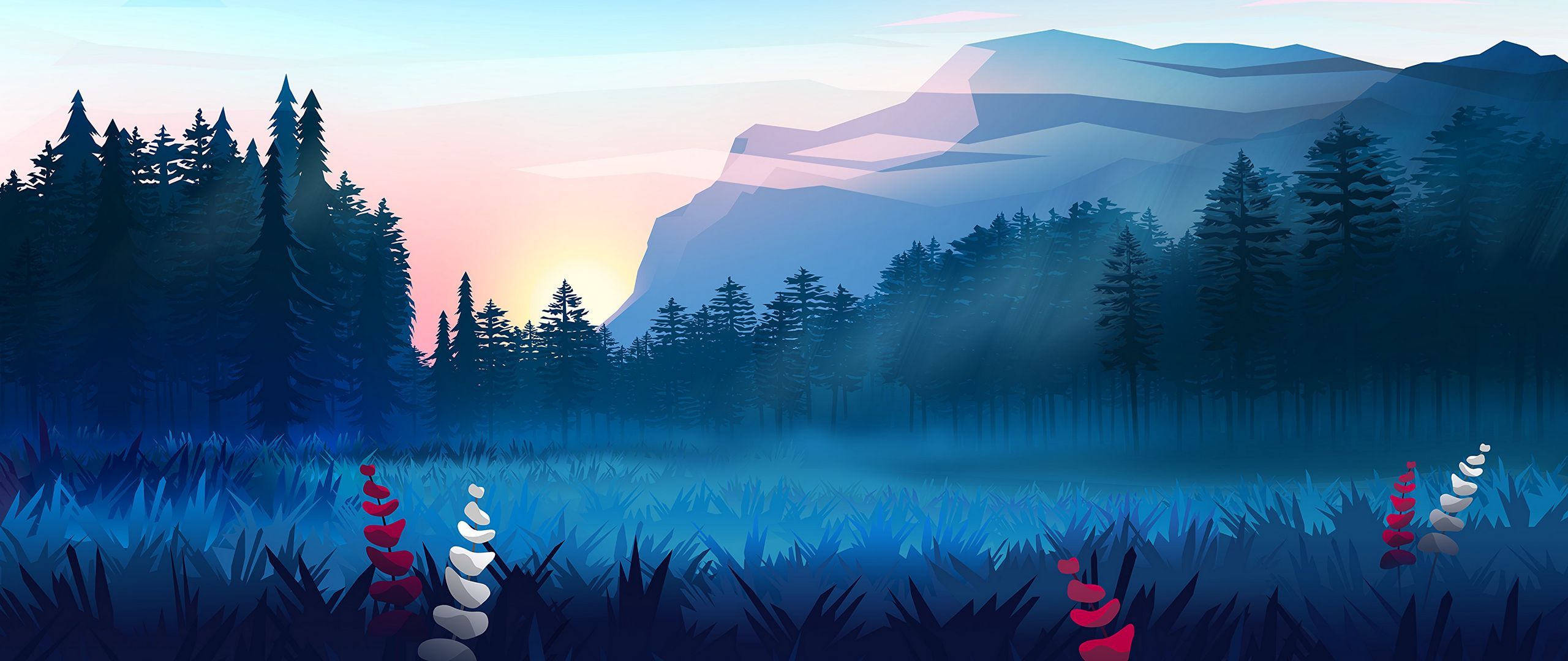 Download wallpaper 2560x1080 lawn, forest, mountains, fog, landscape, art dual wide 1080p HD background