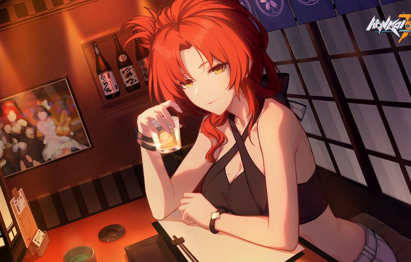 Wallpaper girl, glass, bar, Honkai Impact 3rd, Murata Himeko image for desktop, section сёнэн