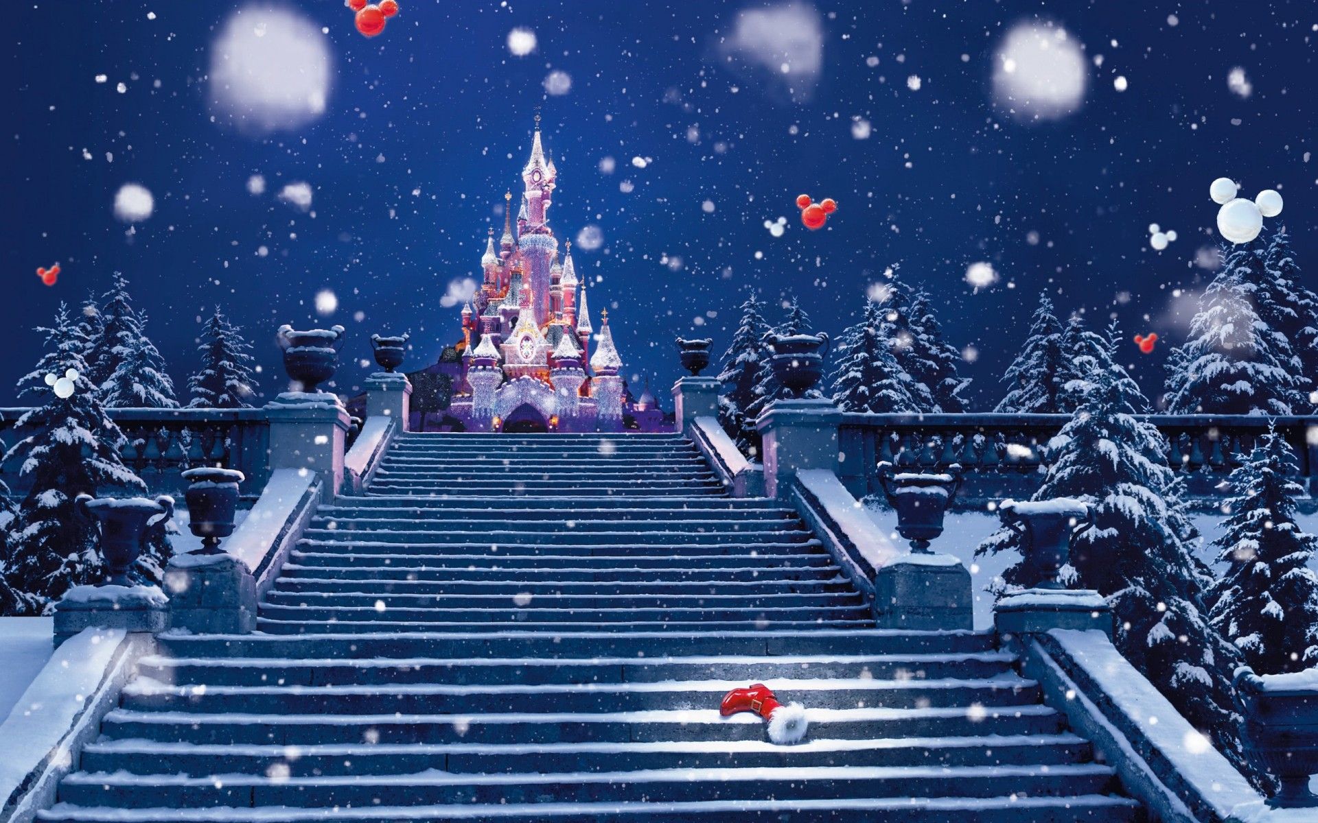 Holidays christmas children disney winter snow snowing flakes drops stairs magical castle mickey wallpaperx1200