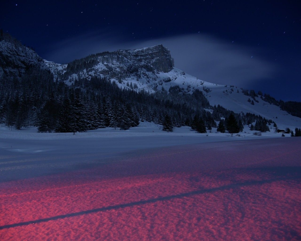 Download 1280x1024 Mountain, Snow, Night, Trees Wallpaper