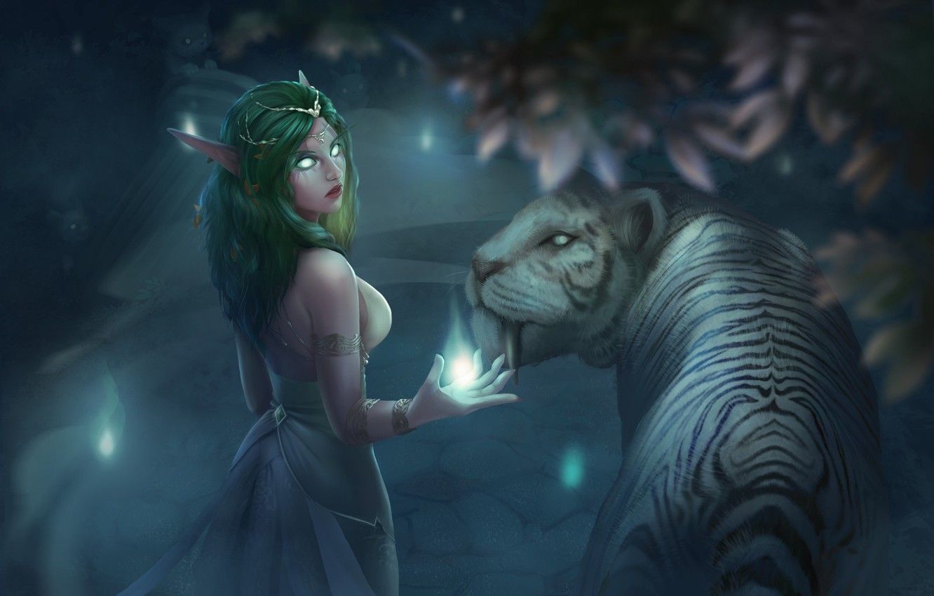 Wallpaper Figure, Tiger, Elf, Art, Pet, Night Elf, World of WarCraft, WarCraft, Illustration, Characters, Tyrande, Tyrande, Tyrande Whisperwind, Environments, The Tyrande Whisperwind, The Rustle Of The Wind image for desktop, section игры