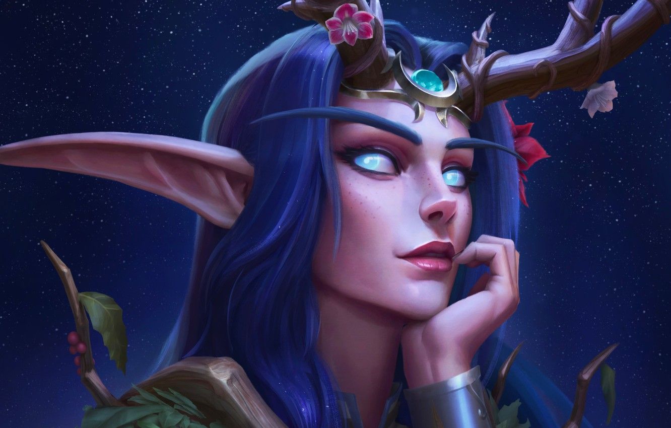 Wallpaper Night, The game, Face, WOW, Fantasy, Druid, Warcraft, Blizzard, Elf, Art, Art, Night Elf, Fiction, Druid, Illustration, Characters image for desktop, section игры