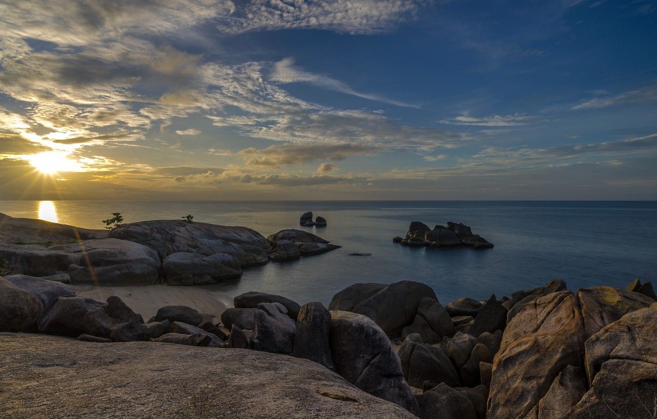 Wallpaper sunset, stones, shore, Thailand, The Gulf of Thailand, Samui image for desktop, section природа
