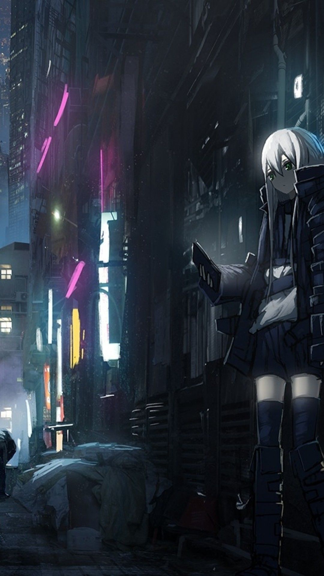 Download 1080x1920 Anime Dark City, Skyscrapers, Back Streets, Girl, People, Neon Lights Wallpaper for iPhone iPhone 7 Plus, iPhone 6+, Sony Xperia Z, HTC One
