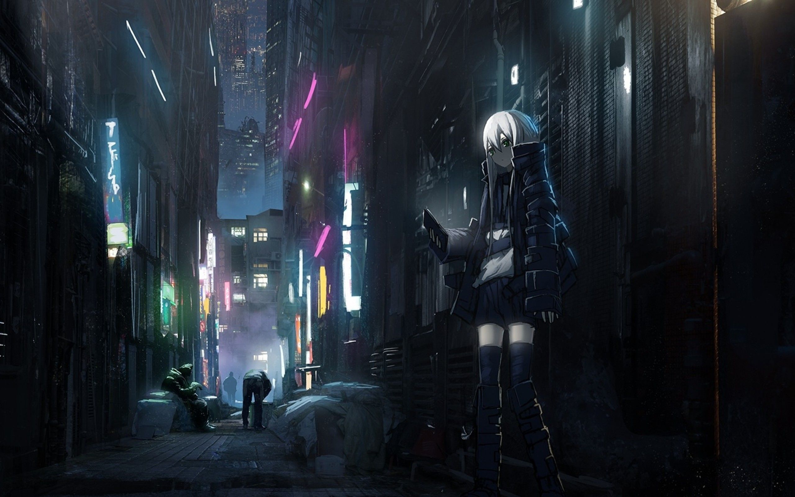 Download 2560x1600 Anime Dark City, Skyscrapers, Back Streets, Girl, People, Neon Lights Wallpaper for MacBook Pro 13 inch