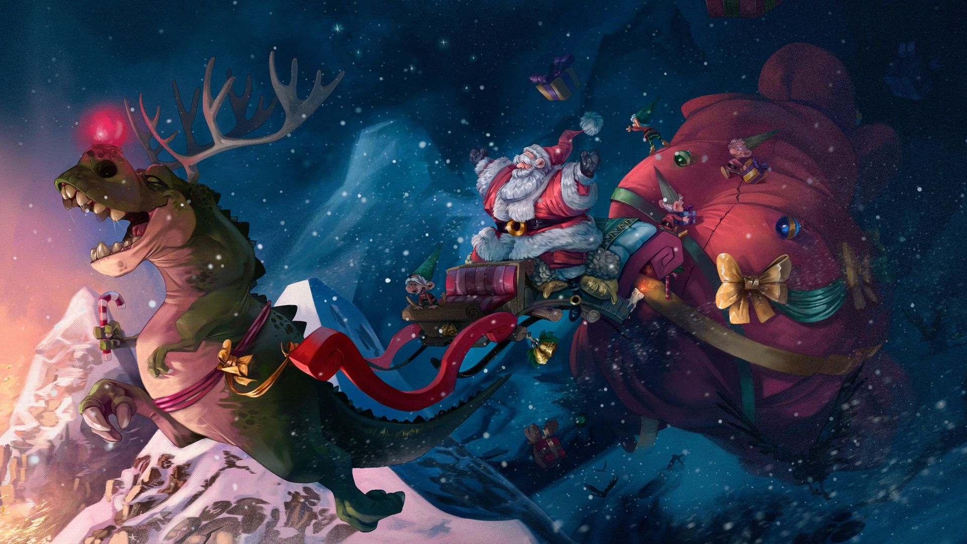 Wallpaper: Christmas, Dinosaur, Santa, Tyrannosaurus Rex