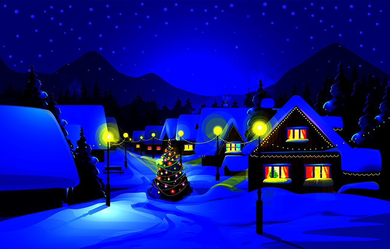 Wallpaper Christmas Winter 3D Graphics Snow Night Street lights