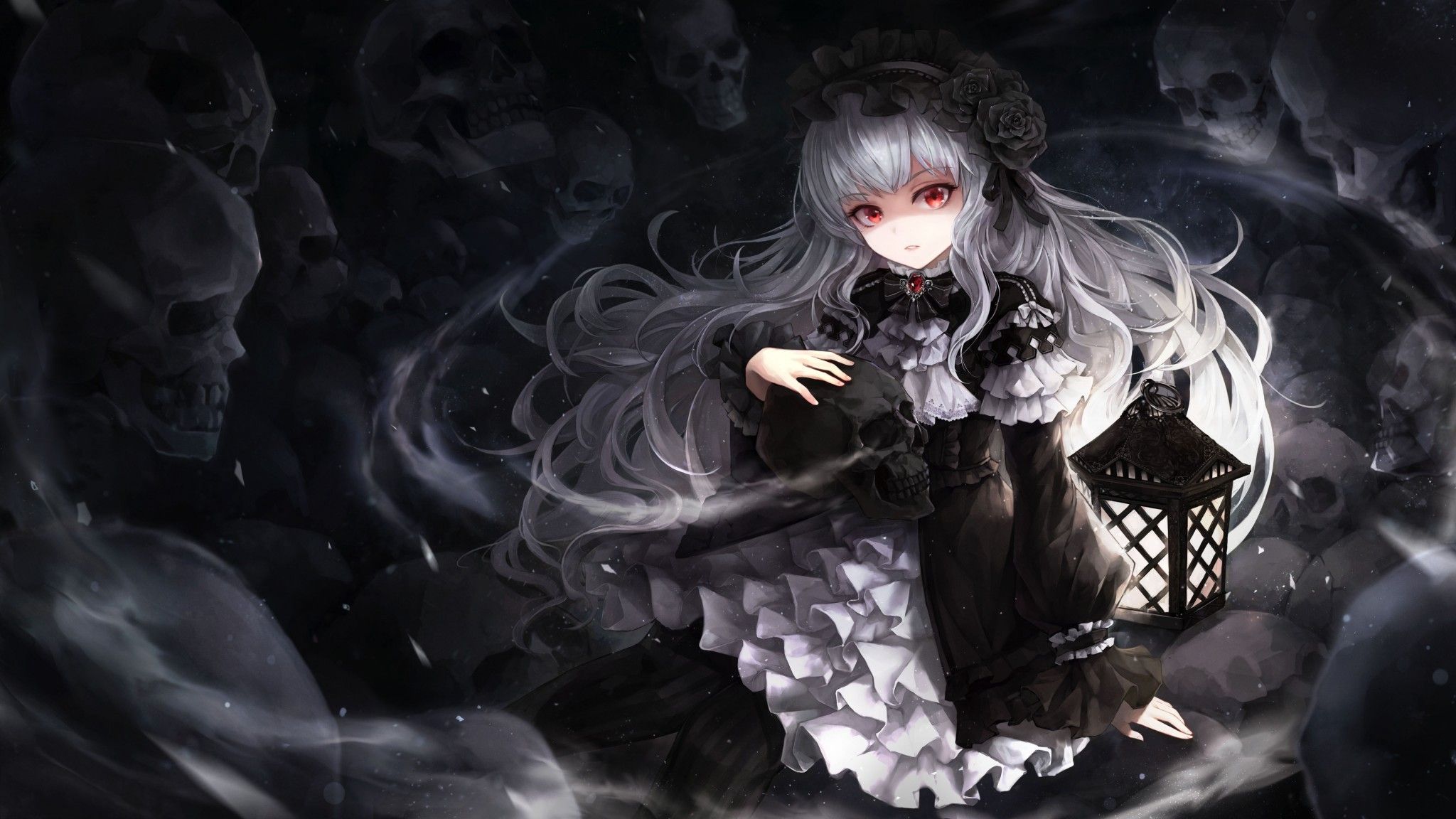 Download 2048x1152 Gothic Anime Girl, Skulls, White Hair, Dress, Lantern, Red Eyes Wallpaper