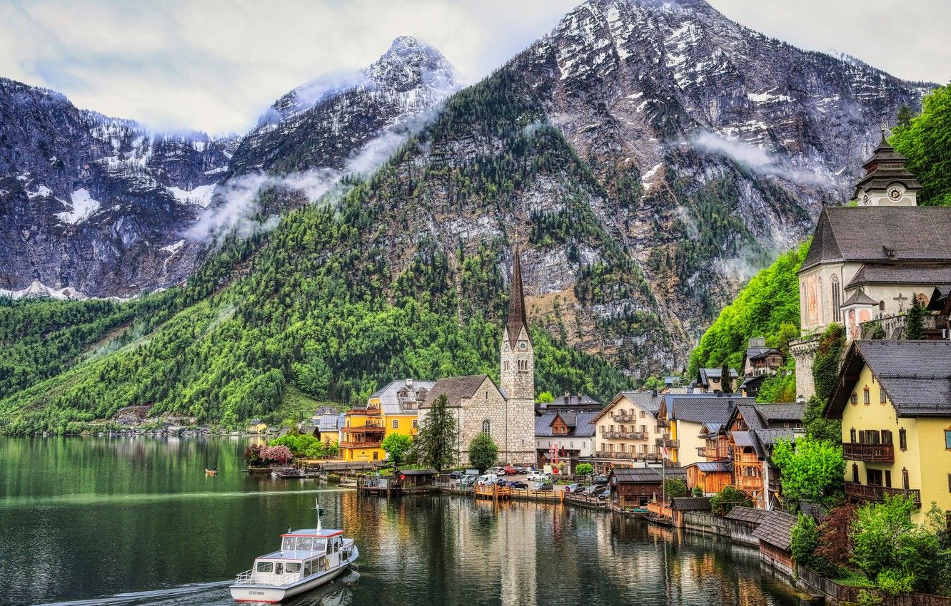 Wallpaper mountains, lake, building, home, Austria, Alps, Church, town, boat, ship, Austria, Hallstatt, Alps, Lake Hallstatt, Hallstatt, Lake Hallstatt image for desktop, section пейзажи