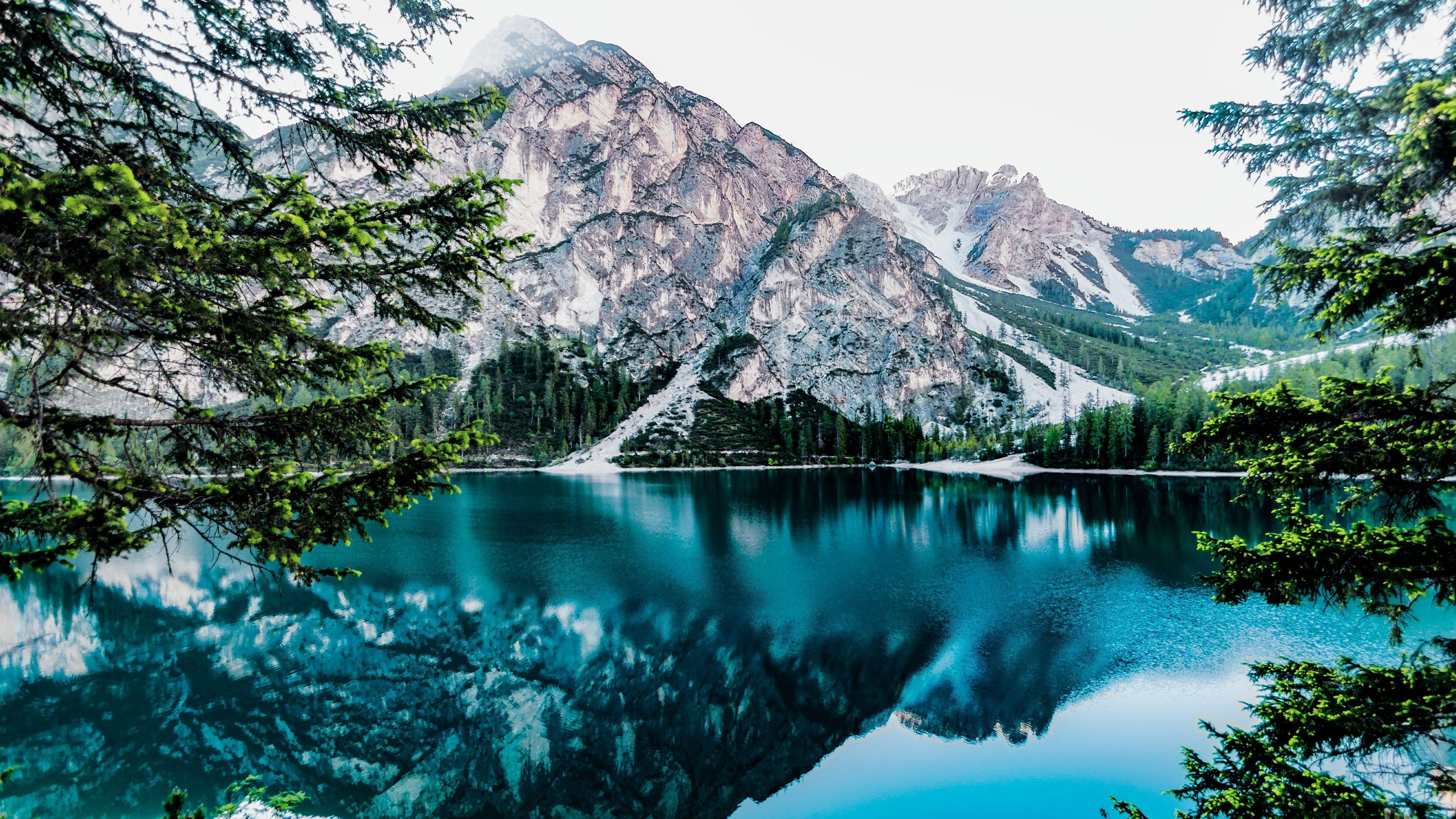 sky #stunning turquoise lake #alps dolomite mountains #italy #prags lake braies pragser wildsee mountain ran. Nature picture, Nature image, Landscape wallpaper