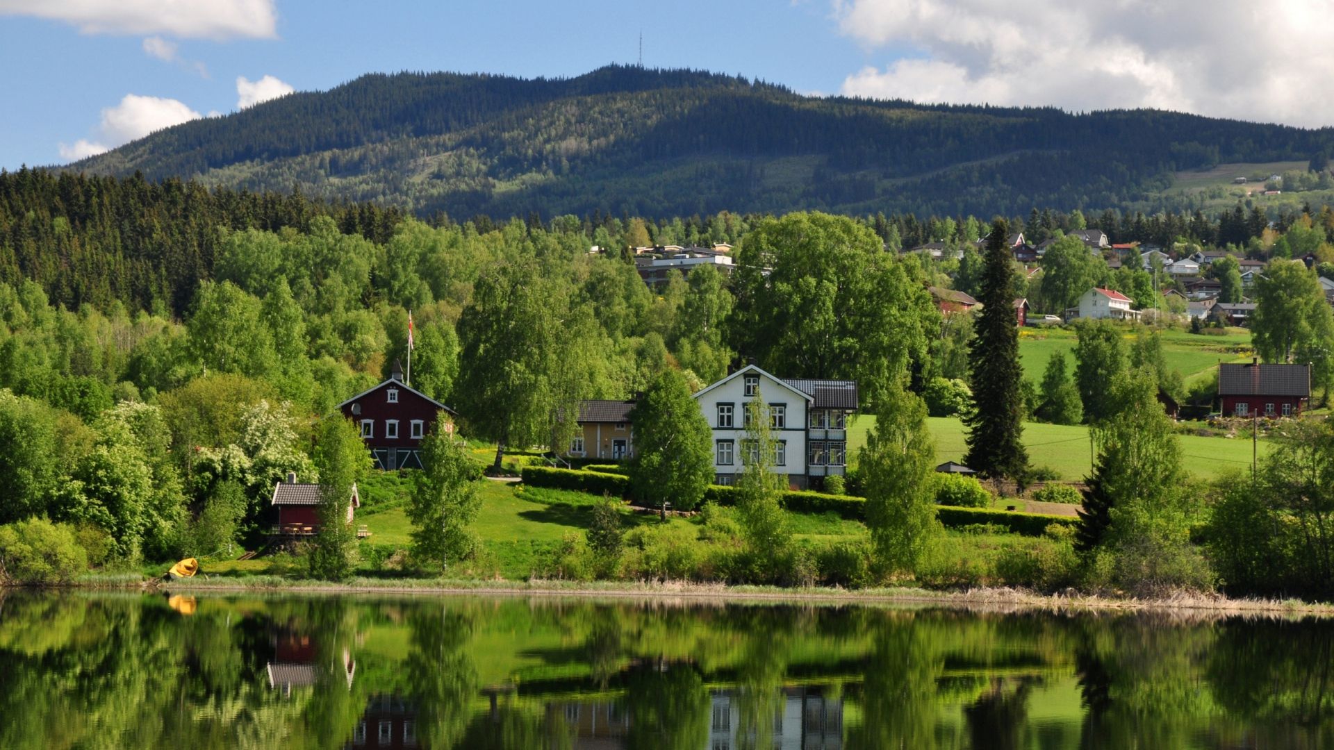 Download Wallpaper 1920x1080 alps, mountains, lake, coast, houses, trees Full HD 1080p HD Background