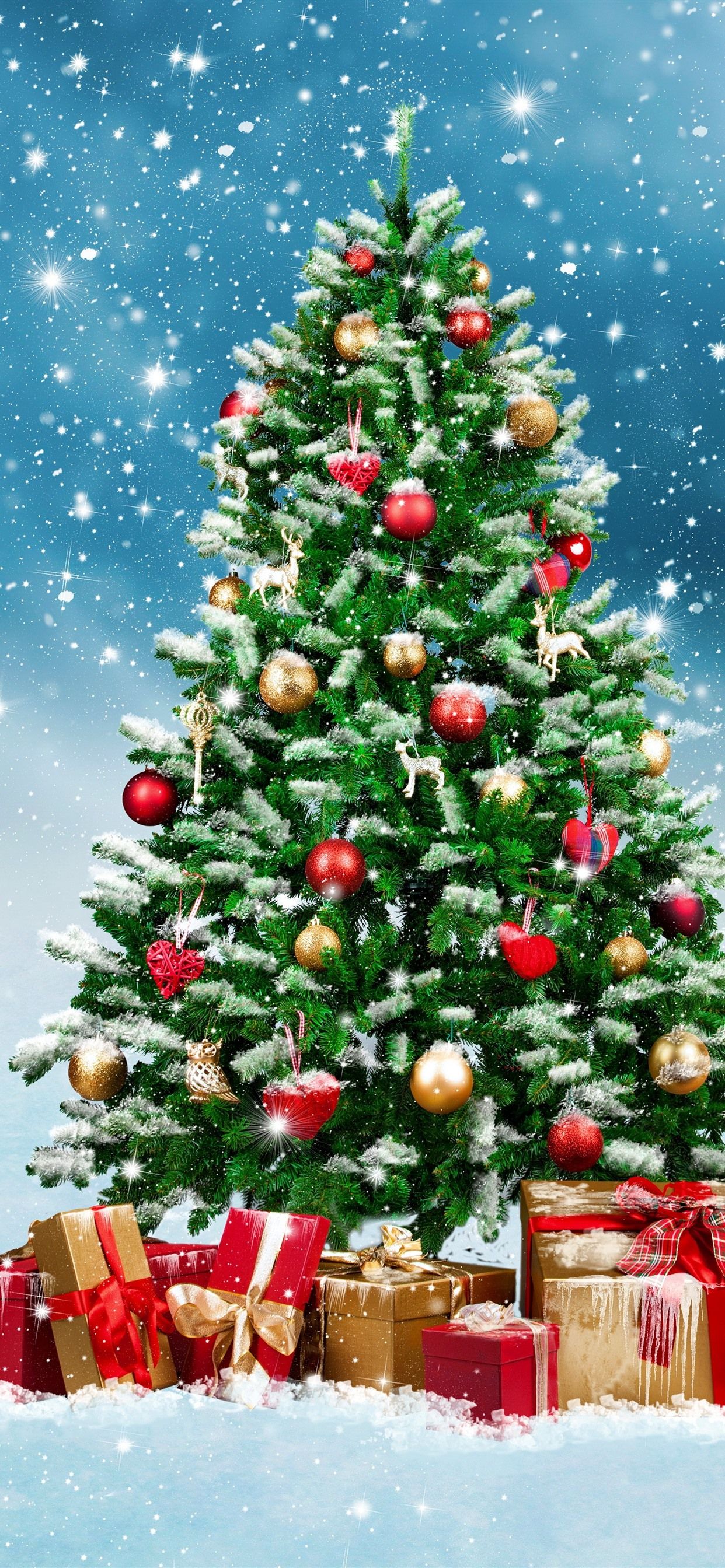 Christmas Tree, Gifts, Balls, Snowflakes, Snow, Shine 1242x2688 IPhone 11 Pro XS Max Wallpaper, Background, Picture, Image