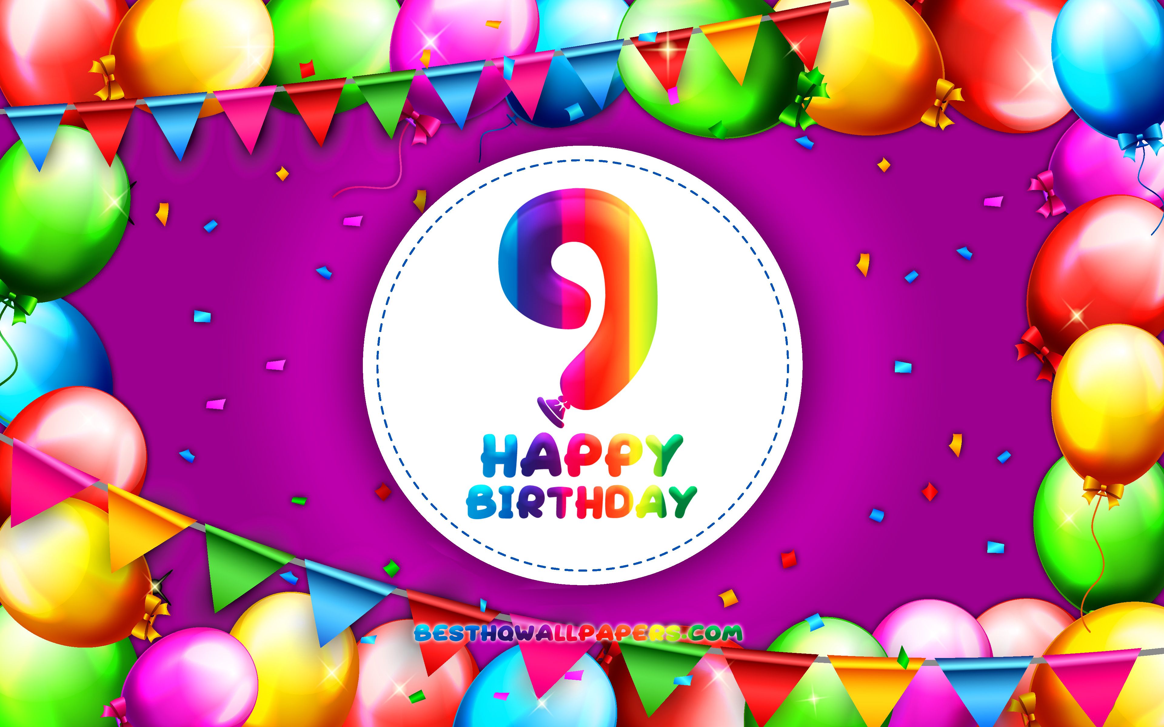 Download wallpaper Happy 9th birthday, 4k, colorful balloon frame, Birthday Party, purple background, Happy 9 Years Birthday, creative, 9th Birthday, Birthday concept, 9th Birthday Party for desktop with resolution 3840x2400. High Quality