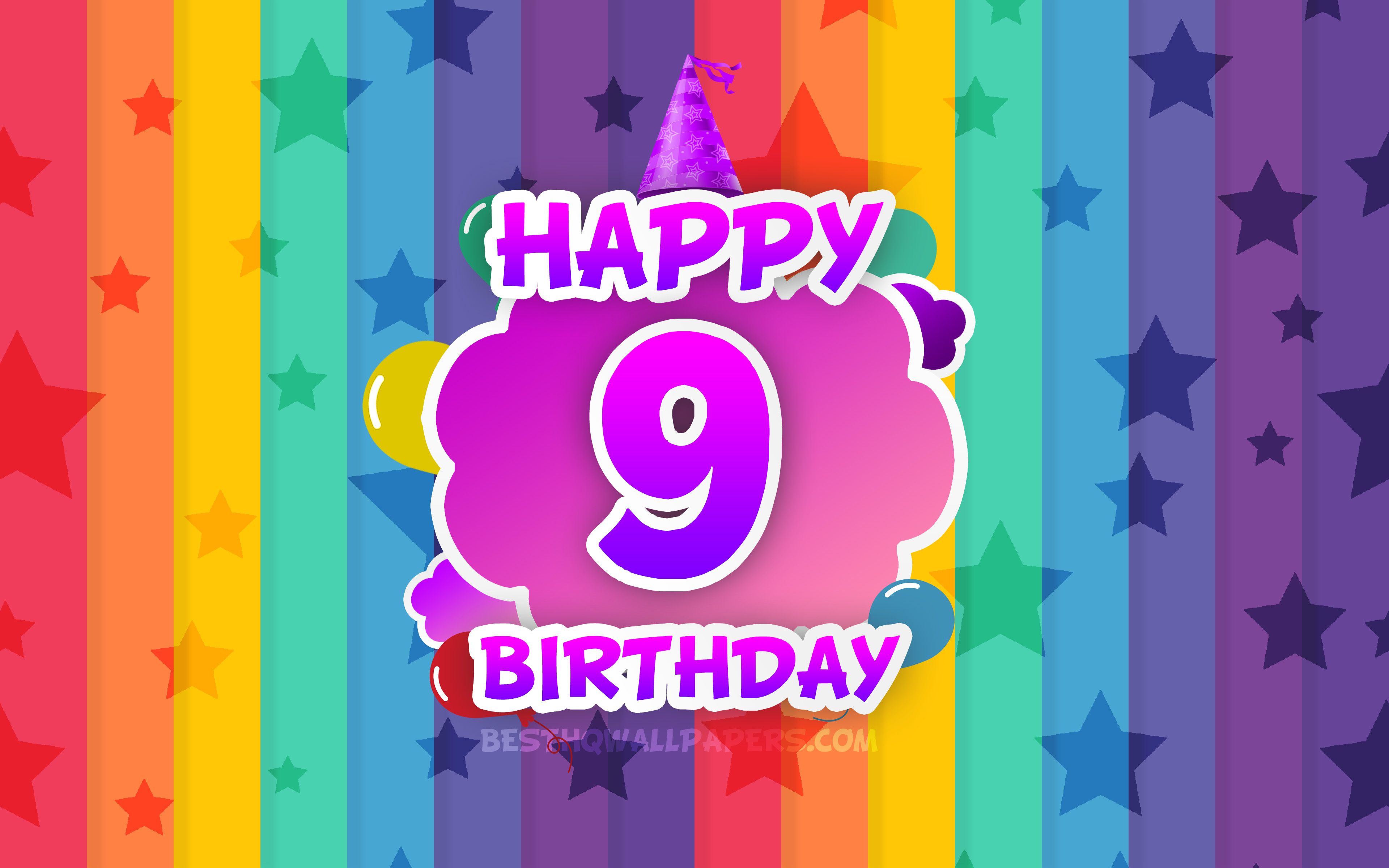 Download wallpaper Happy 9th birthday, colorful clouds, 4k, Birthday concept, rainbow background, Happy 9 Years Birthday, creative 3D letters, 9th Birthday, Birthday Party, 9th Birthday Party for desktop with resolution 3840x2400. High