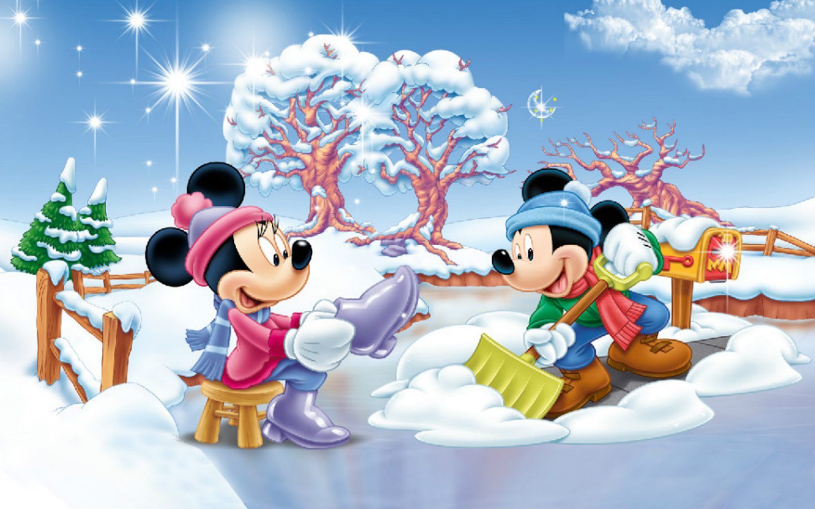 Minnie And Mickey Mouse Winter Snow Fence Yard Blue Sky Winter Clothes Full HD Wallpaper 1920x1200, Wallpaper13.com