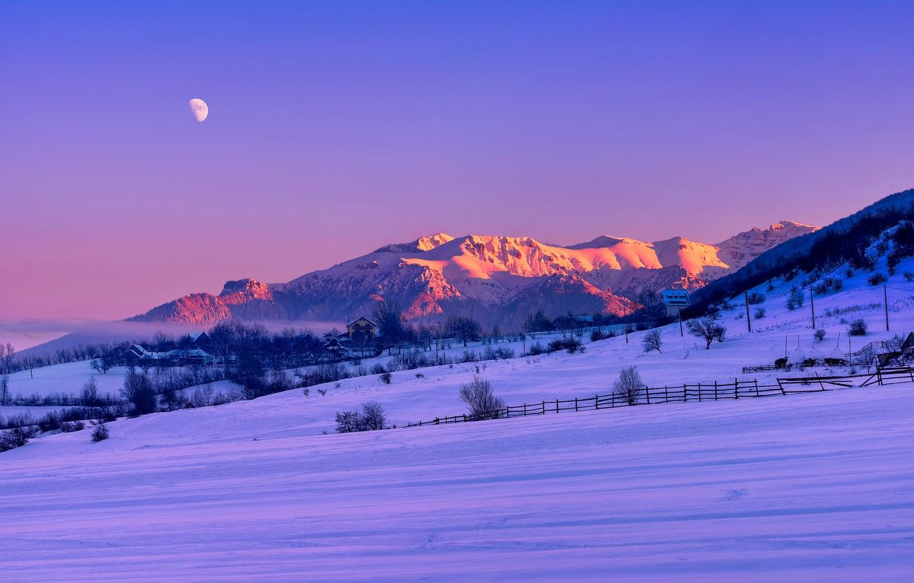 Wallpaper moon, twilight, field, sunset, winter, mountains, snow, fog, dusk, countryside, farm, Romania, Brasov, Bucegi image for desktop, section пейзажи