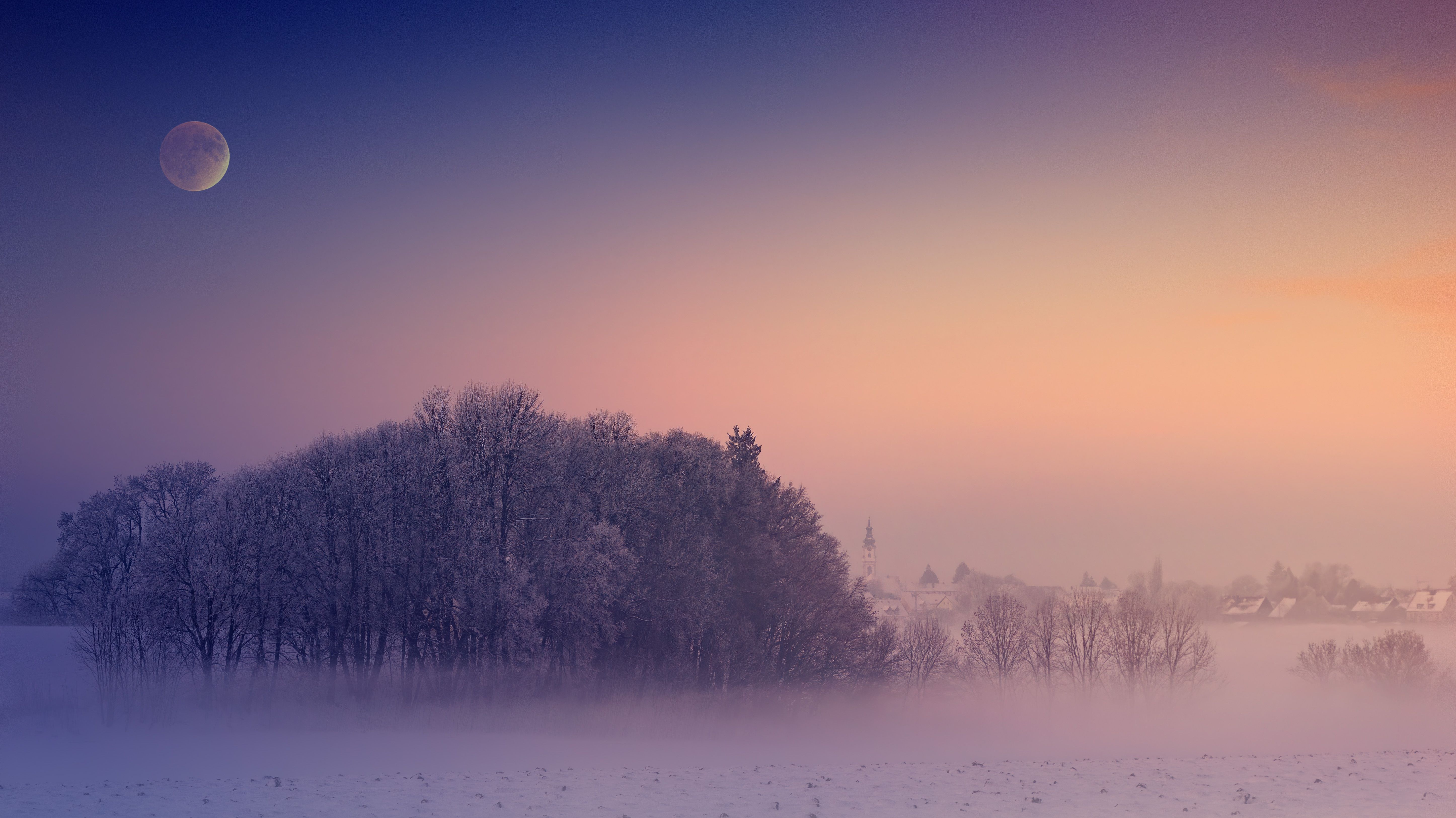 Winter 4K Wallpaper, Morning, Foggy, Moon, Landscape, Cold, 5K, Nature