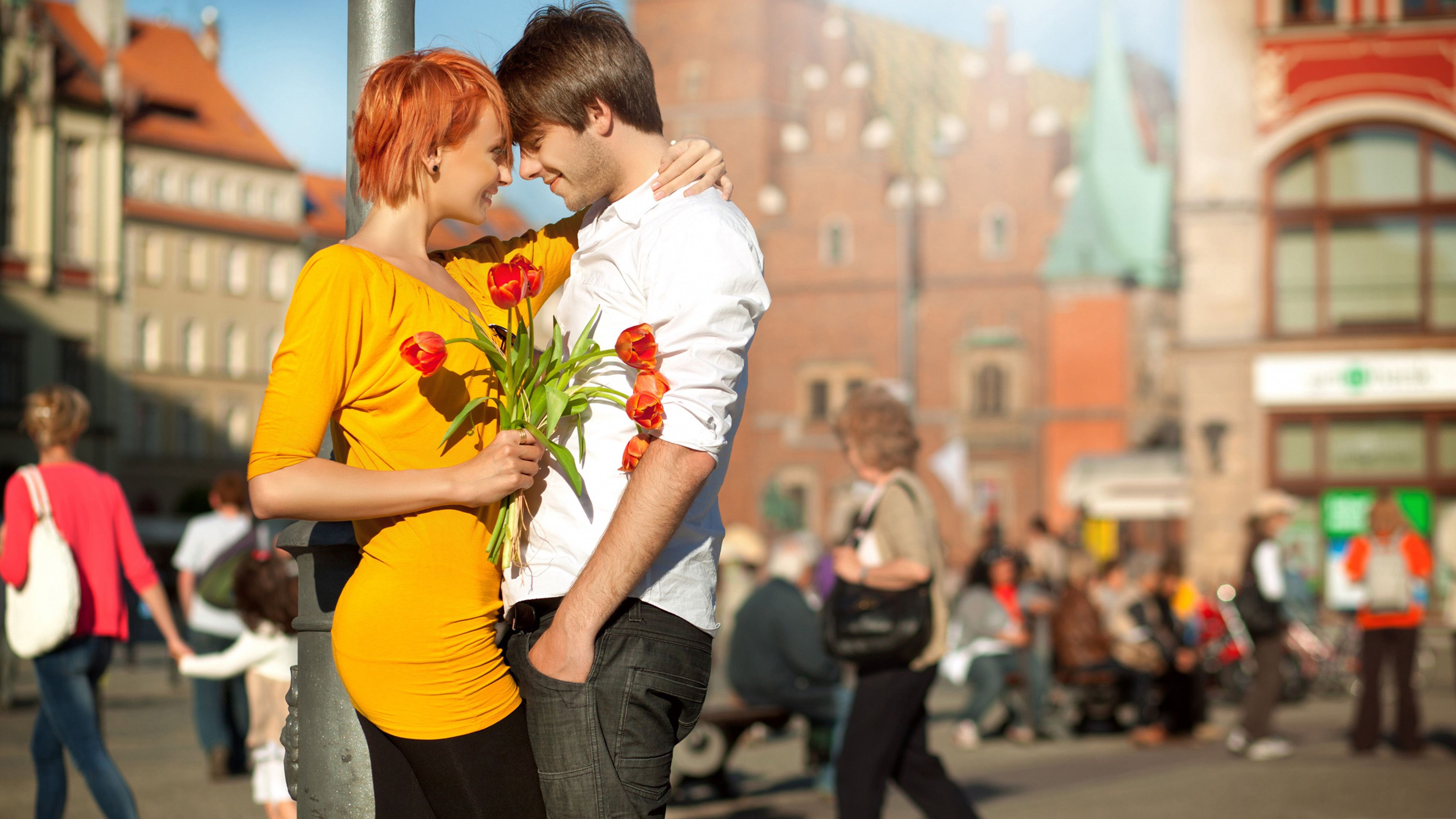 Couple Love Hugging Flowers Boy Girl with red hair 4K Ultra HD Wallpaper 3840x2160, Wallpaper13.com