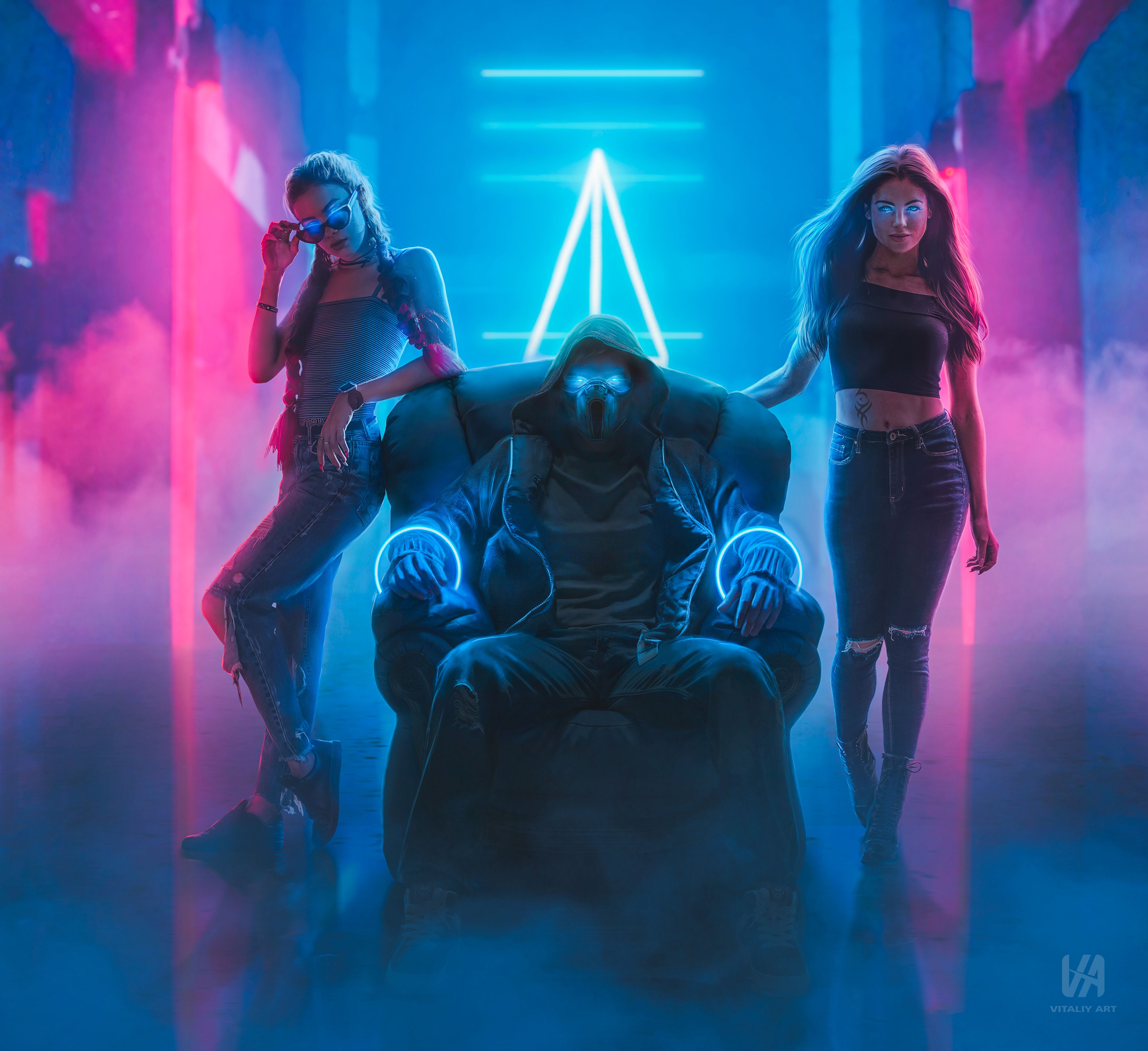 Bad boy 4K Wallpaper, Bad girls, Neon light, Night club, Mask, Cyberpunk, Digital Art, Graphics CGI