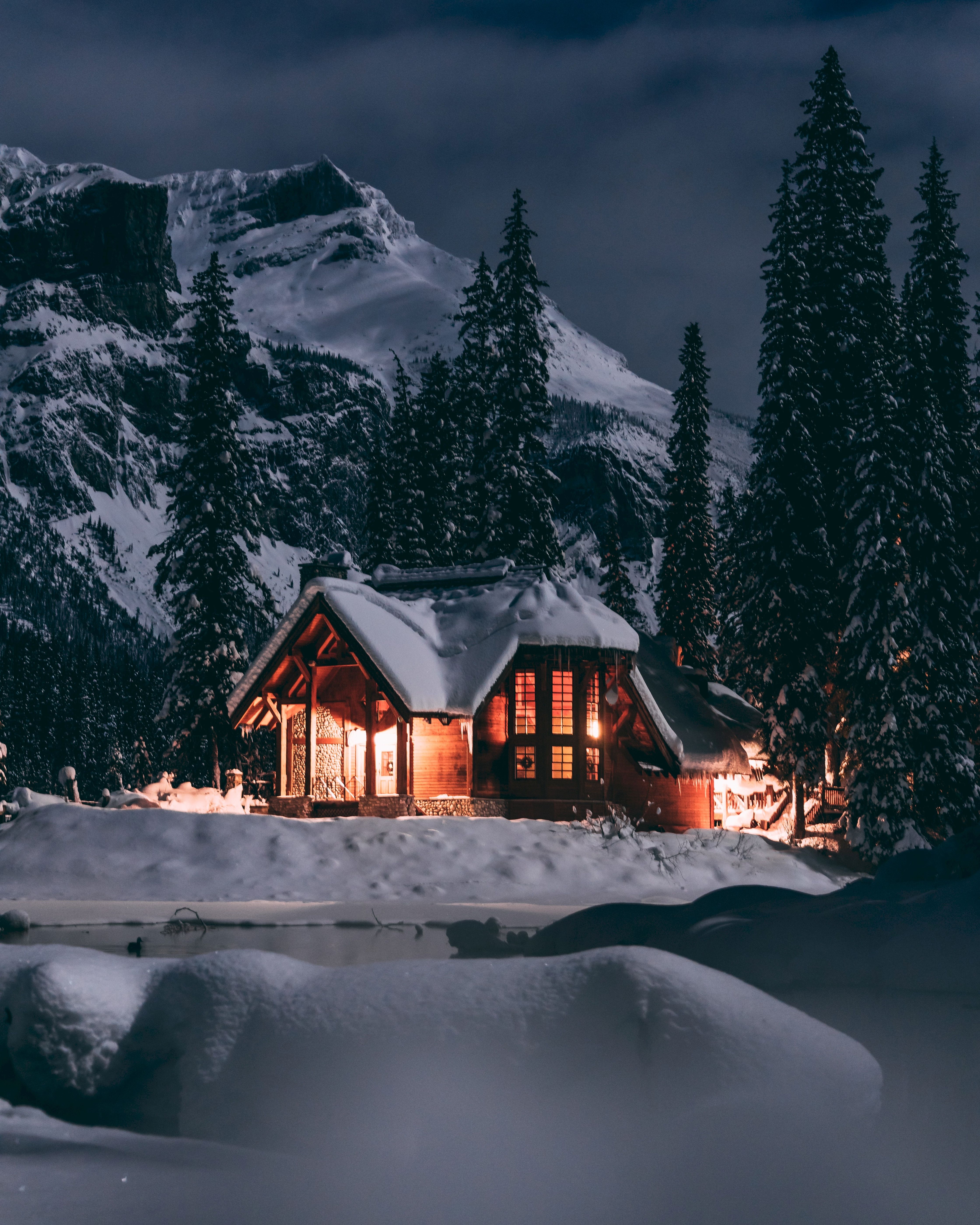 Download wallpaper 4480x5600 house, winter, snow, night, trees HD background