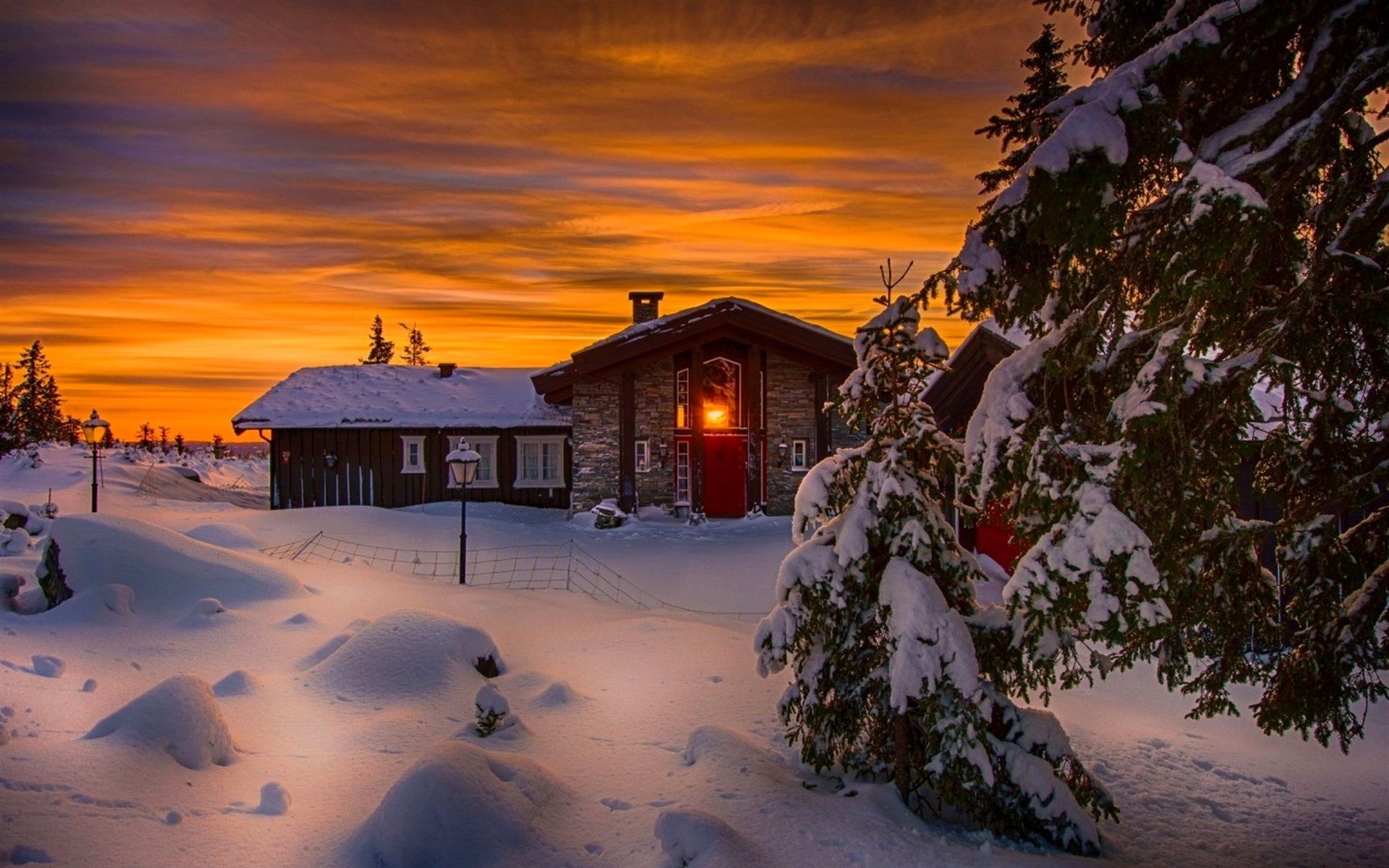 Wallpaper Winter, snow, cold, night, house, lights, trees 1920x1200 HD Picture, Image