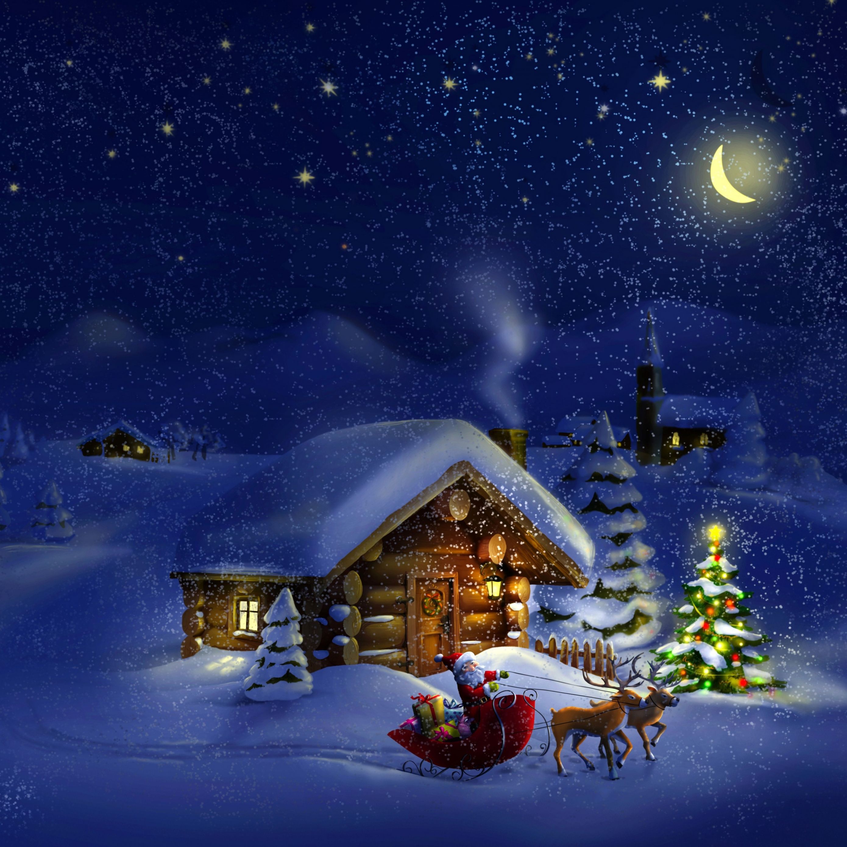 Download Christmas, New Year, Santa, deer, moon, night, winter, house, snow, 4k Apple iPad Air wallpaper 2780x2780