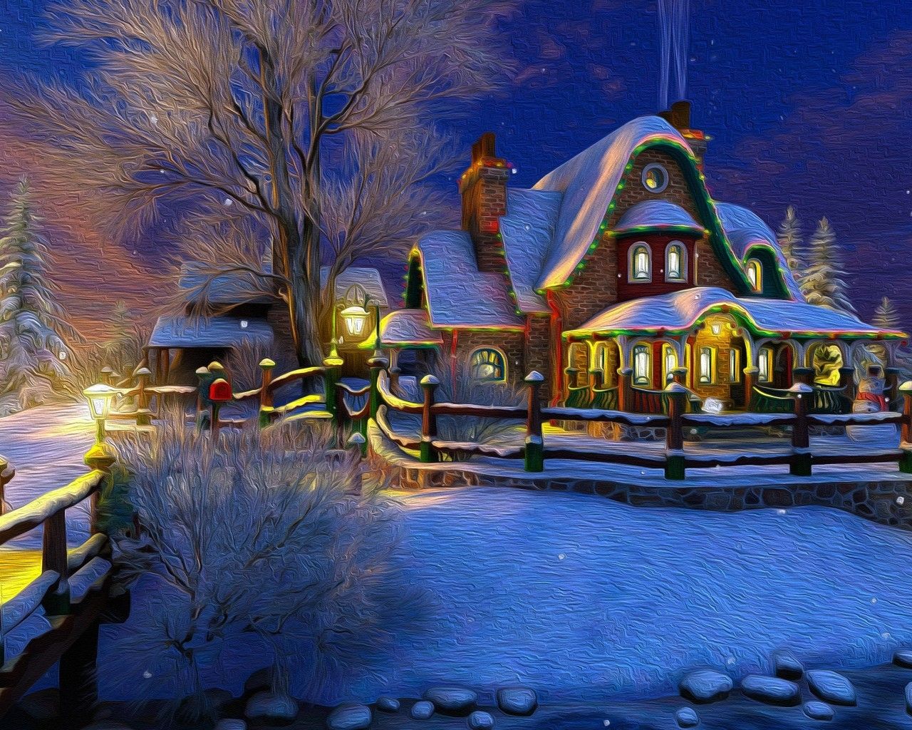 Download 1280x1024 Christmas Cozy House, Winter, Snow Wallpaper