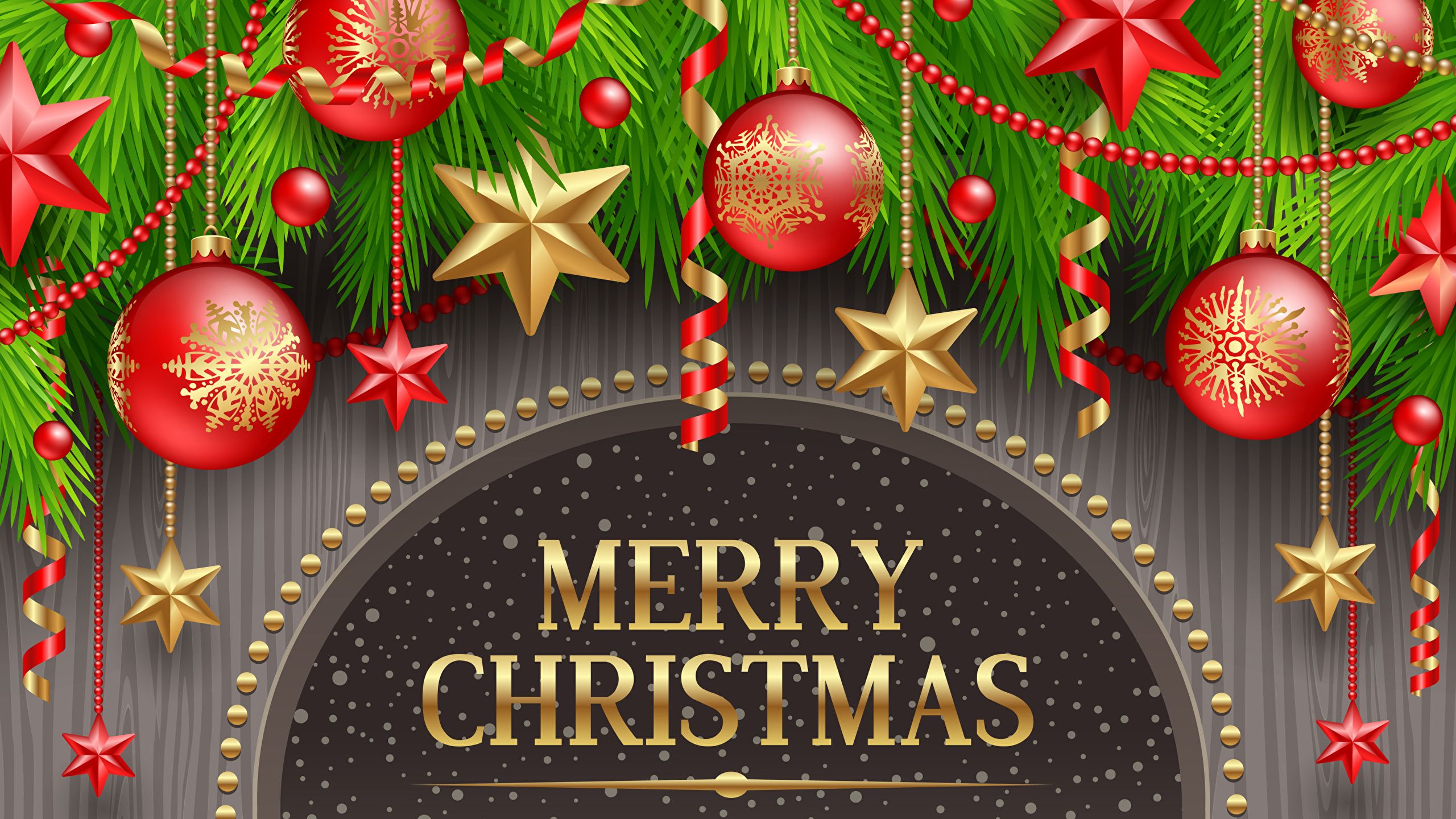 Photo Merry Christmas lettering Balls Holidays Vector 2560x1440
