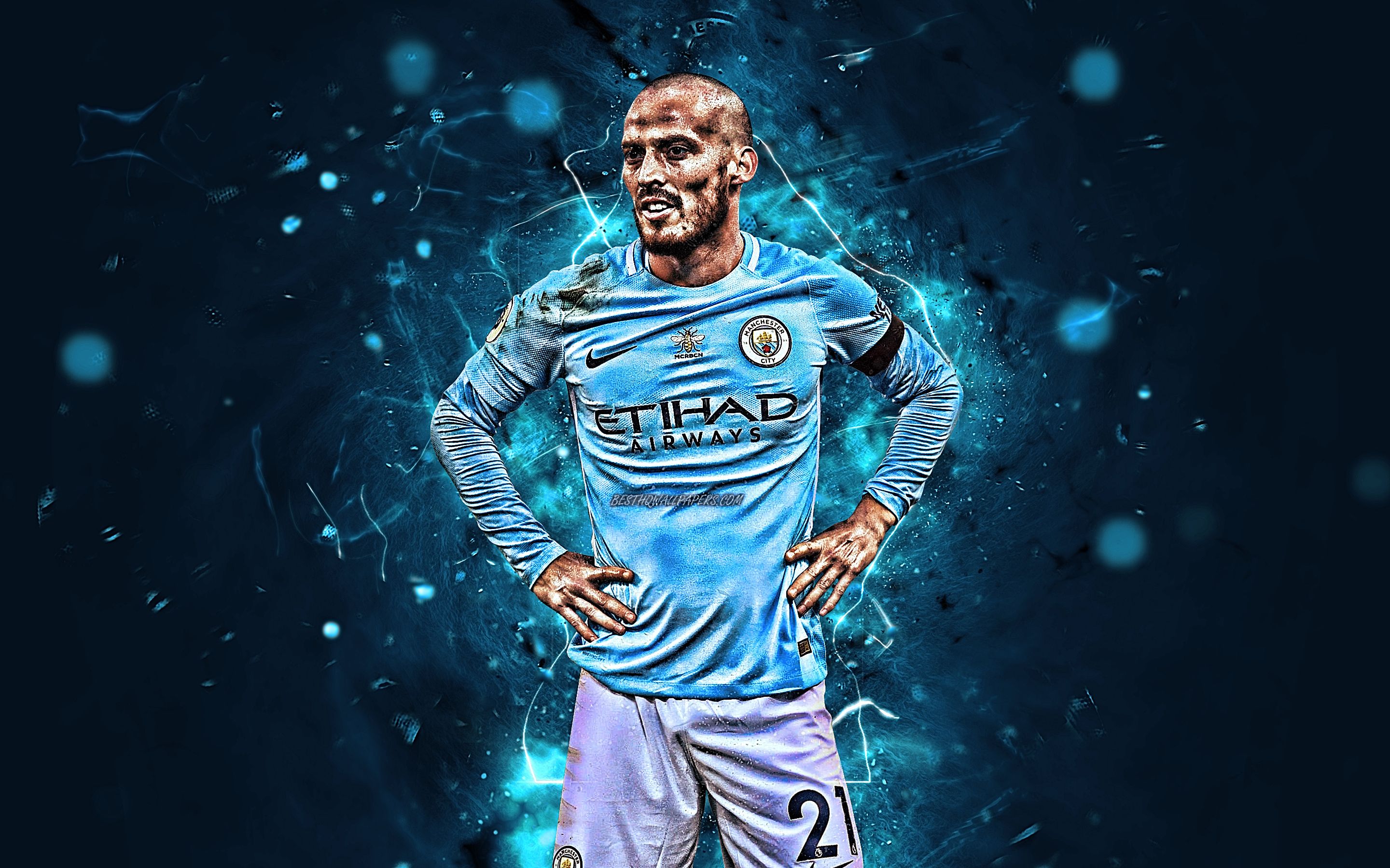 Download Wallpaper David Silva, Spanish Footballers, Manchester City FC, Close Up, Soccer, Silva, Midfielder, Premier League, Man City, Neon Lights For Desktop With Resolution 2880x1800. High Quality HD Picture Wallpaper