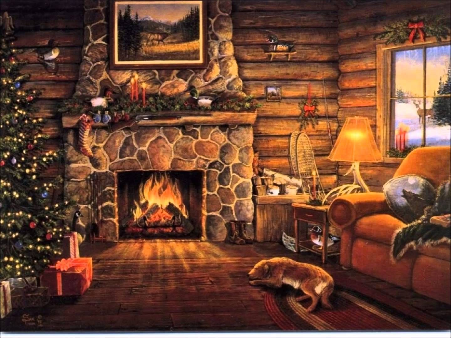 Winter Cabin Wallpaper Fireplace Log Cabin is HD wallpaper & background for desktop or mob. Cabin fireplace, Animated christmas, Christmas fireplace