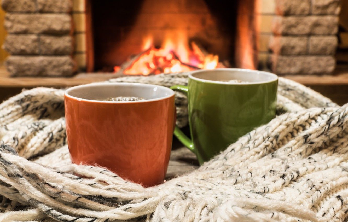 Wallpaper winter, love, fire, scarf, pair, fireplace, love, hot, two, winter, cup, romantic, couple, coffee, fireplace, scarf image for desktop, section настроения