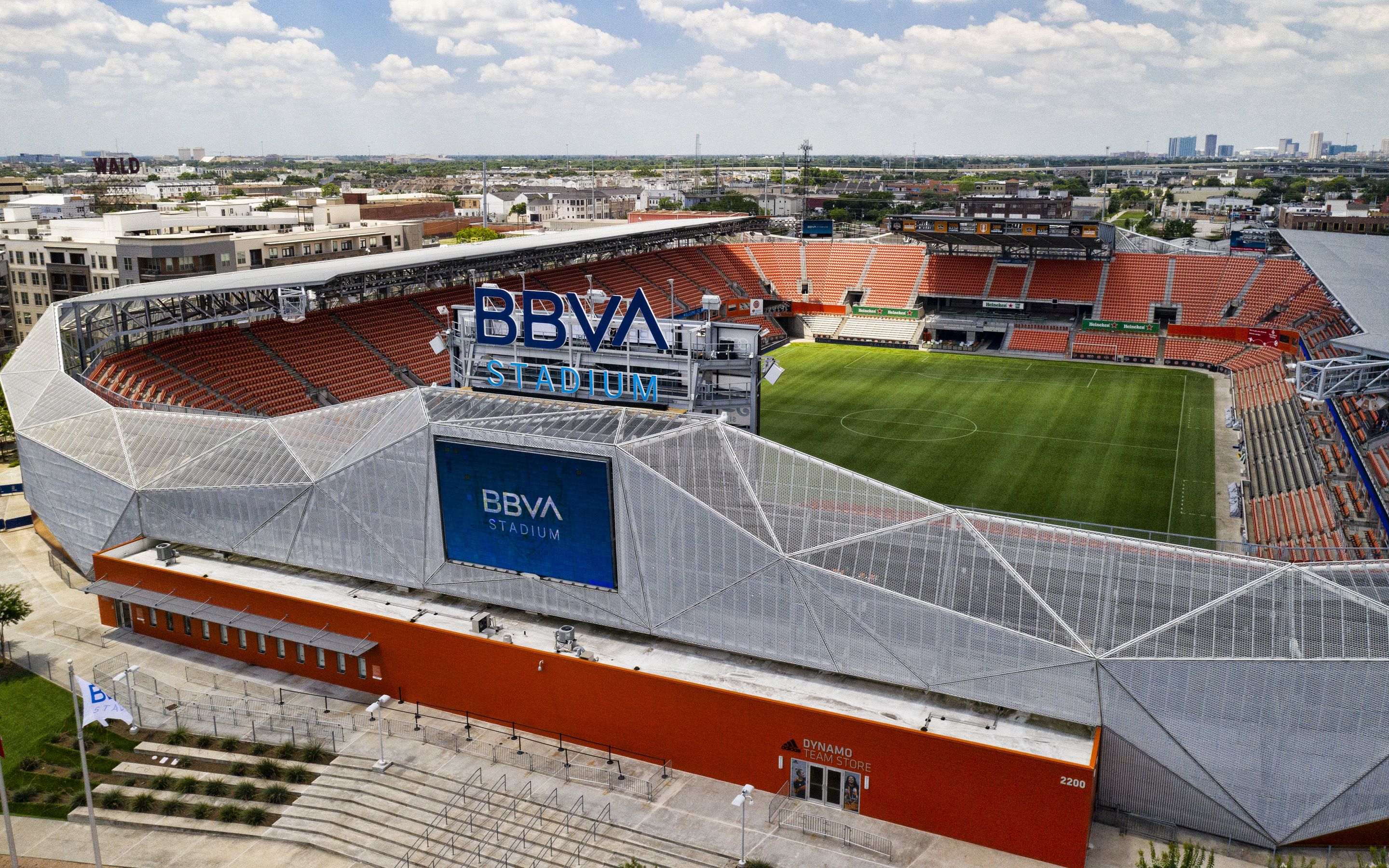 Download wallpaper BBVA Compass Stadium, Houston Dynamo Stadium, football stadium, MLS, Houston, Texas, USA, Houston Dynamo, Major League Soccer, Houston Dash Stadium for desktop with resolution 2880x1800. High Quality HD picture wallpaper